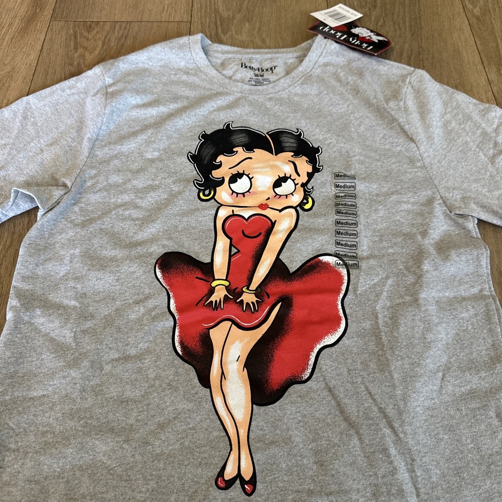 Betty Boop in Red‎ Dress Gray Crew Neck Short Sleeve Unisex T Shirt Size Medium